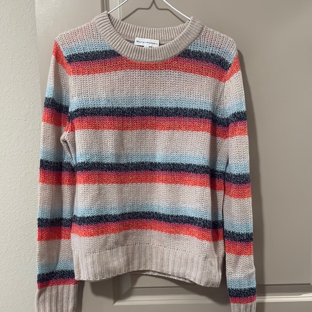 White + Warren Striped Multicolor Cashmere Sweater lavender/pink/blue sz S - Picture 6 of 13